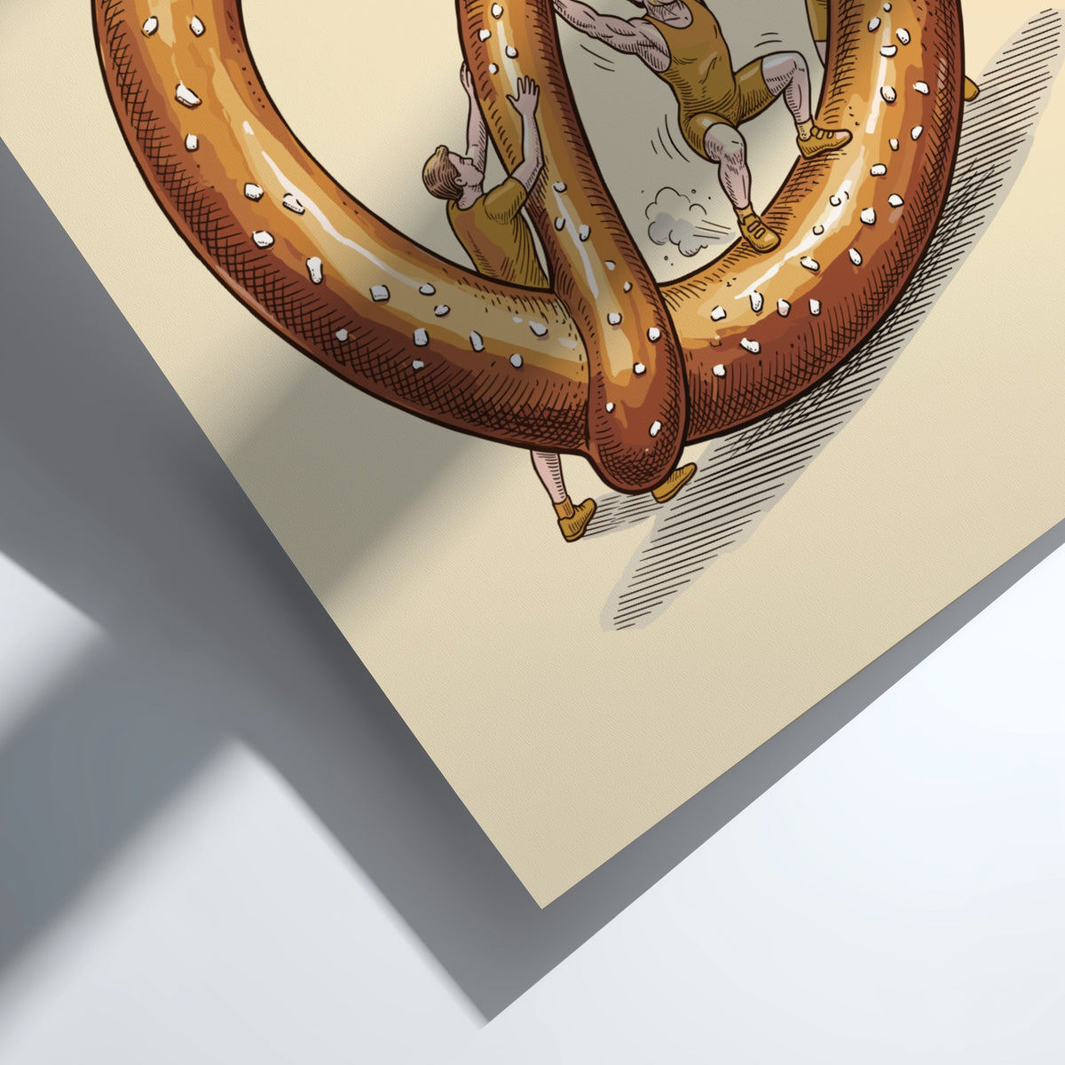 Poster featuring miniature athletes in golden gear lifting a giant salted brown pretzel.