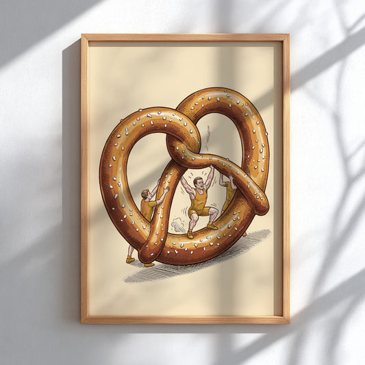 Poster featuring miniature athletes in golden gear lifting a giant salted brown pretzel.