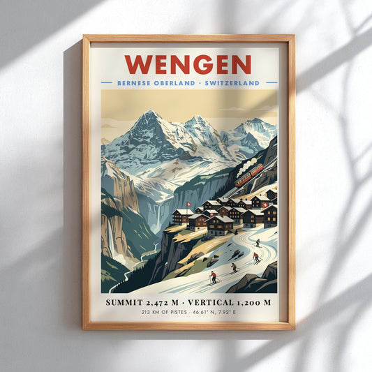 Poster of Wengen featuring snowy Swiss mountains, a red train, and alpine skiers.