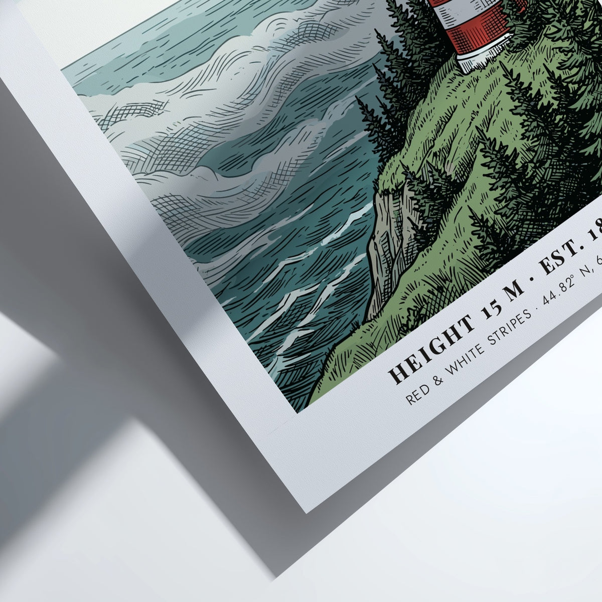 Poster featuring the red and white striped West Quoddy Lighthouse on a cliff.