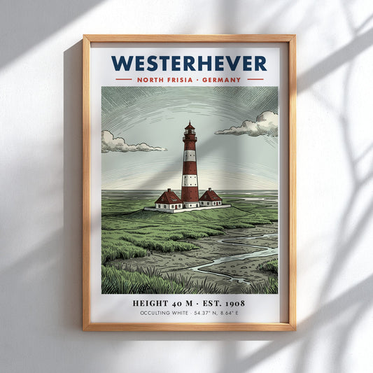 Poster of the Westerhever lighthouse in Germany featuring red and white striped tower.
