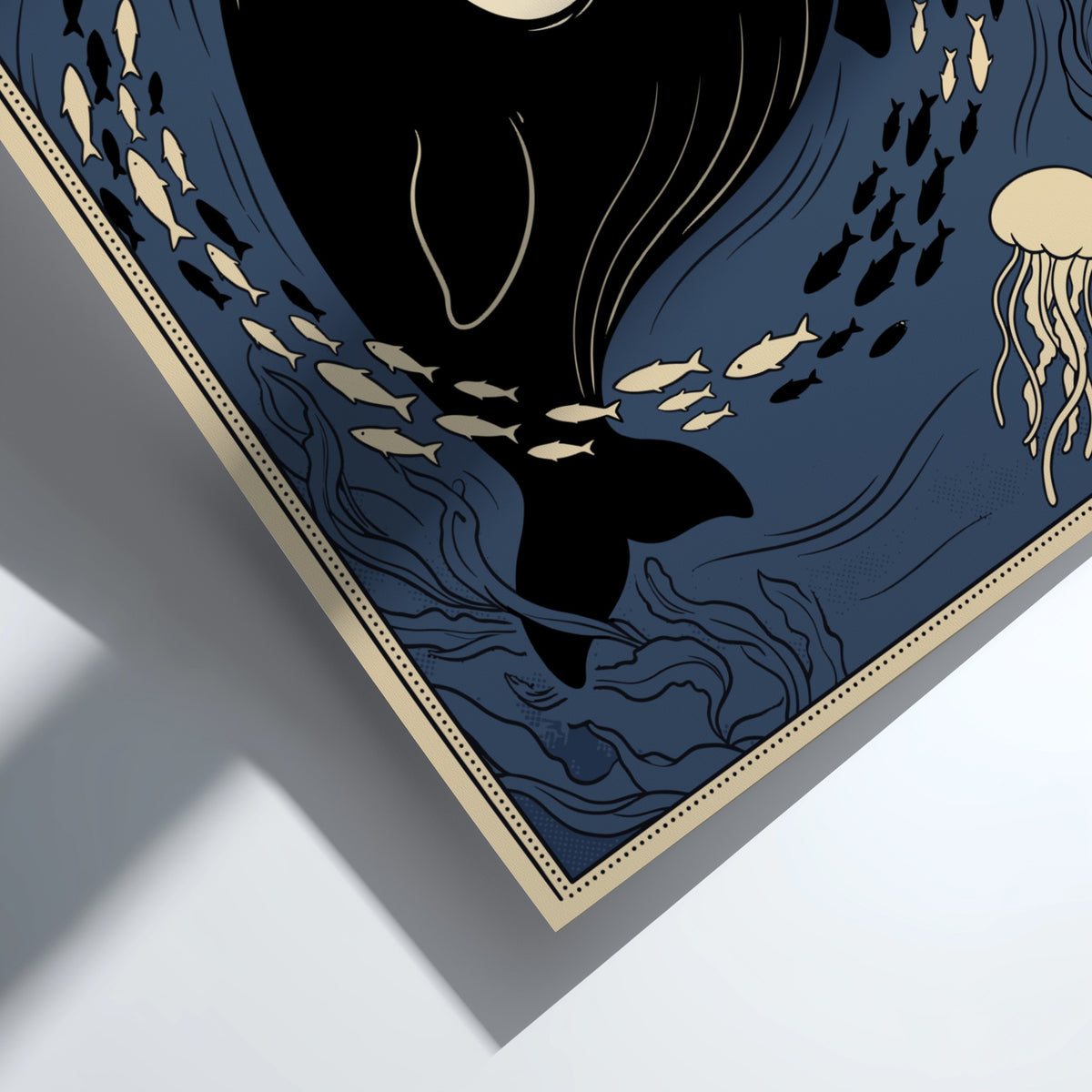 Poster featuring a smiling black whale surrounded by small fish and jellyfish underwater.