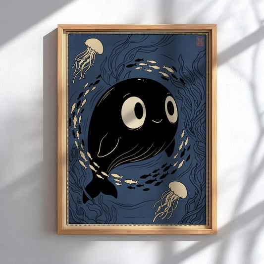 Poster featuring a smiling black whale surrounded by small fish and jellyfish underwater.