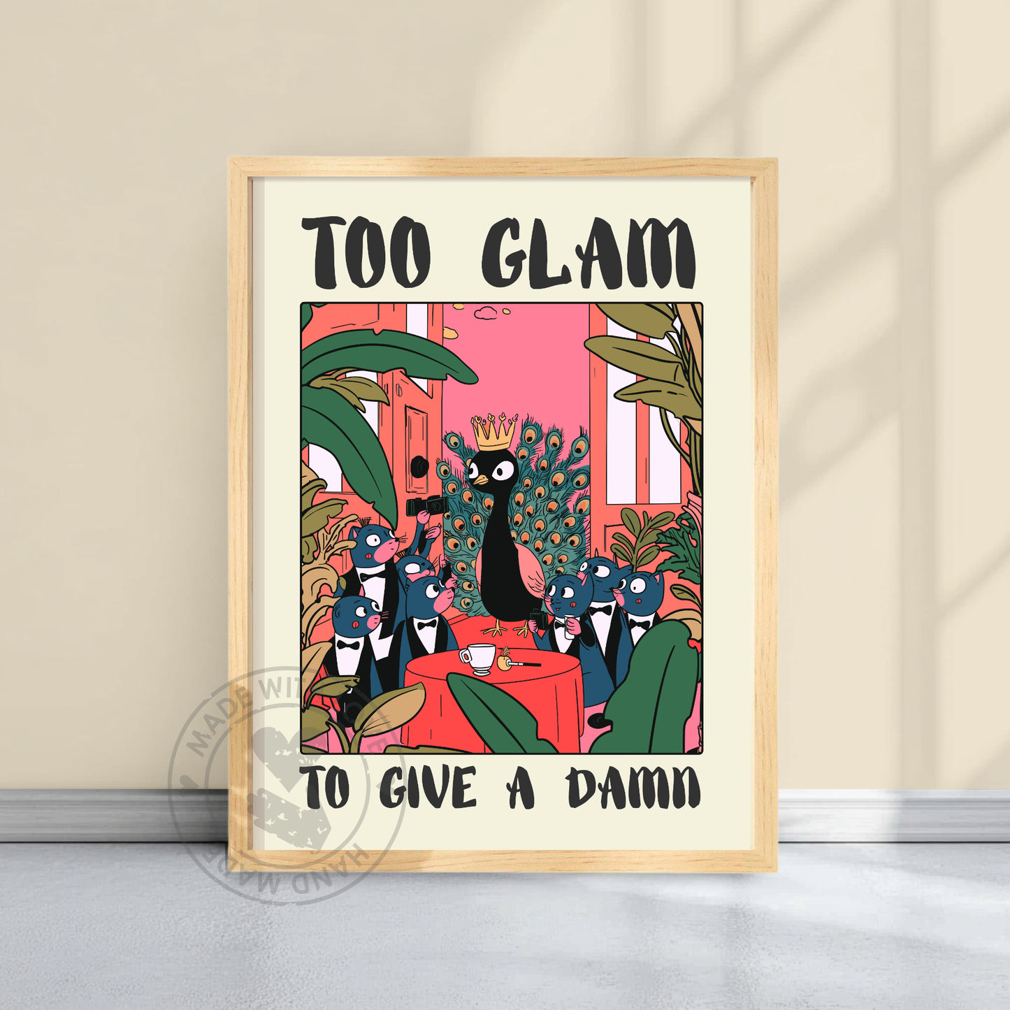 Too Glam to Give a Damn – Funny Peacock Poster, Quirky Animal Art, Vintage Paparazzi Illustration