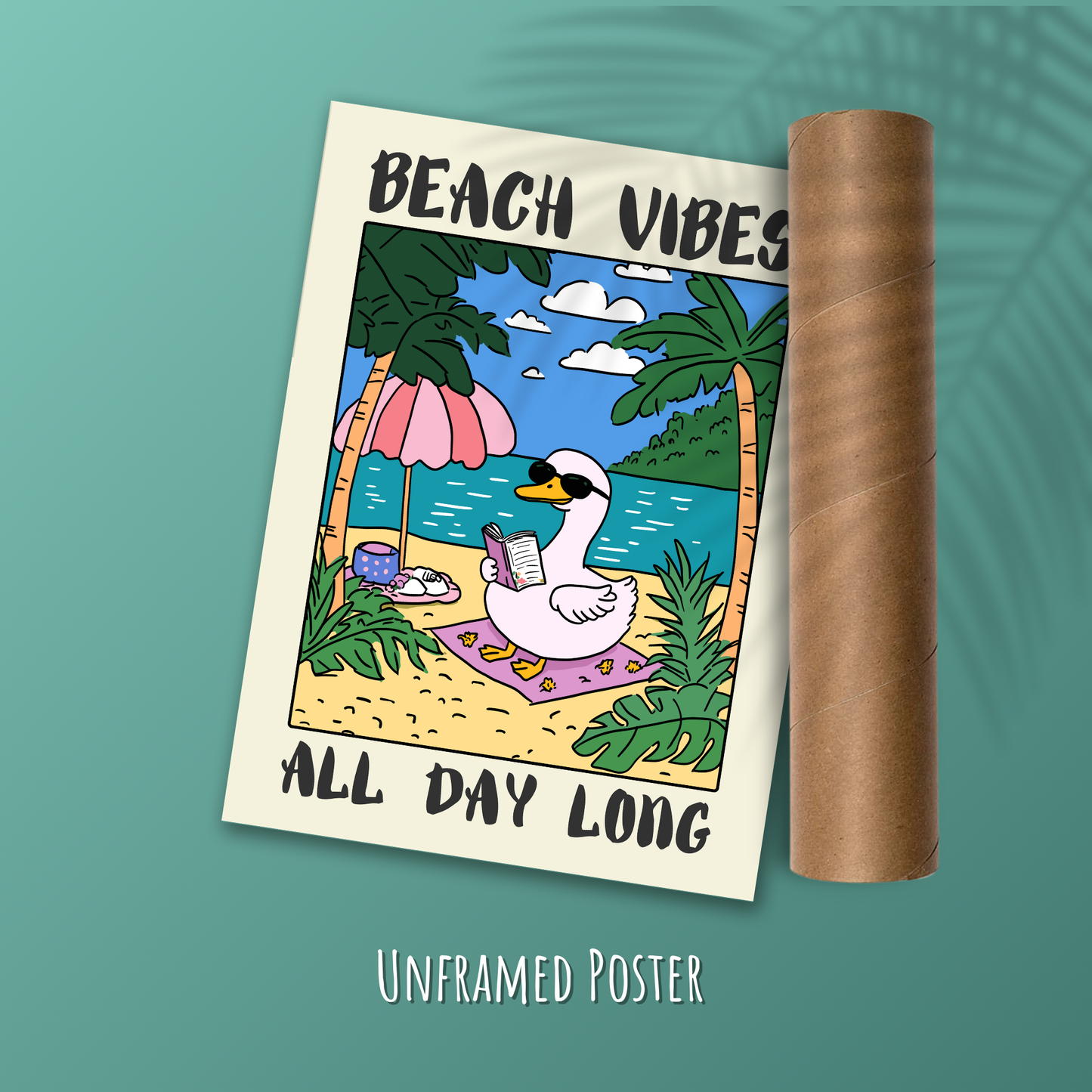 Beach vibes all day long – Funny Goose Poster, Quirky Animal Art, Cottagecore Aesthetic, Humor Poster