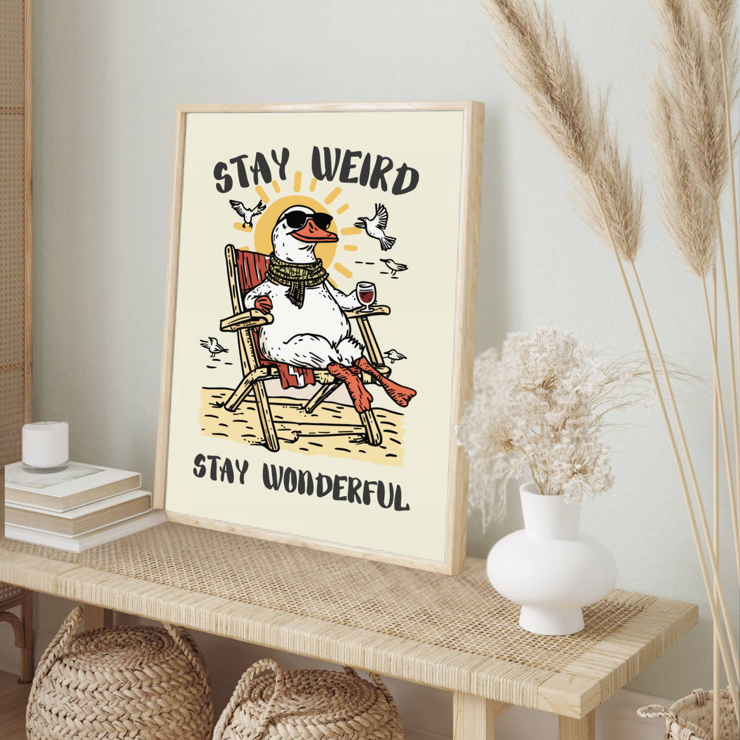 Funny Seagul Poster, Stay Weird, Stay Wonderful, Cozy Cottagecore Wall Art, Cute Seagul Illustration