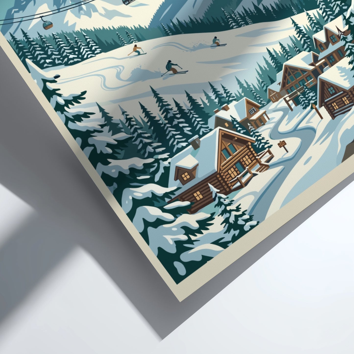 Travel poster of Whistler Blackcomb featuring snowy mountains, ski lifts, and cozy cabins.