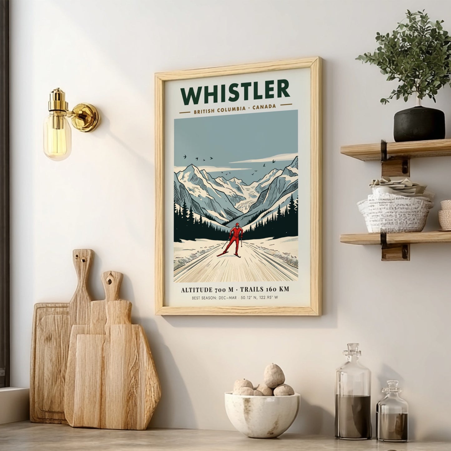 Poster of a cross-country skier in Whistler British Columbia with snow-covered mountain peaks.