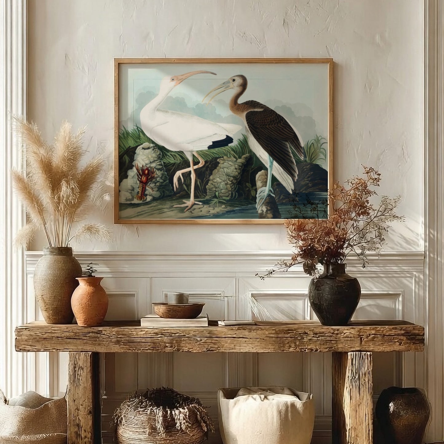White Ibis poster featuring detailed bird art by Audubon in soft colors, ideal for nature-themed decor
