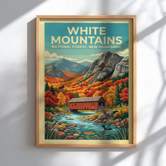 Travel poster featuring the White Mountains with a train bridge and autumn forest