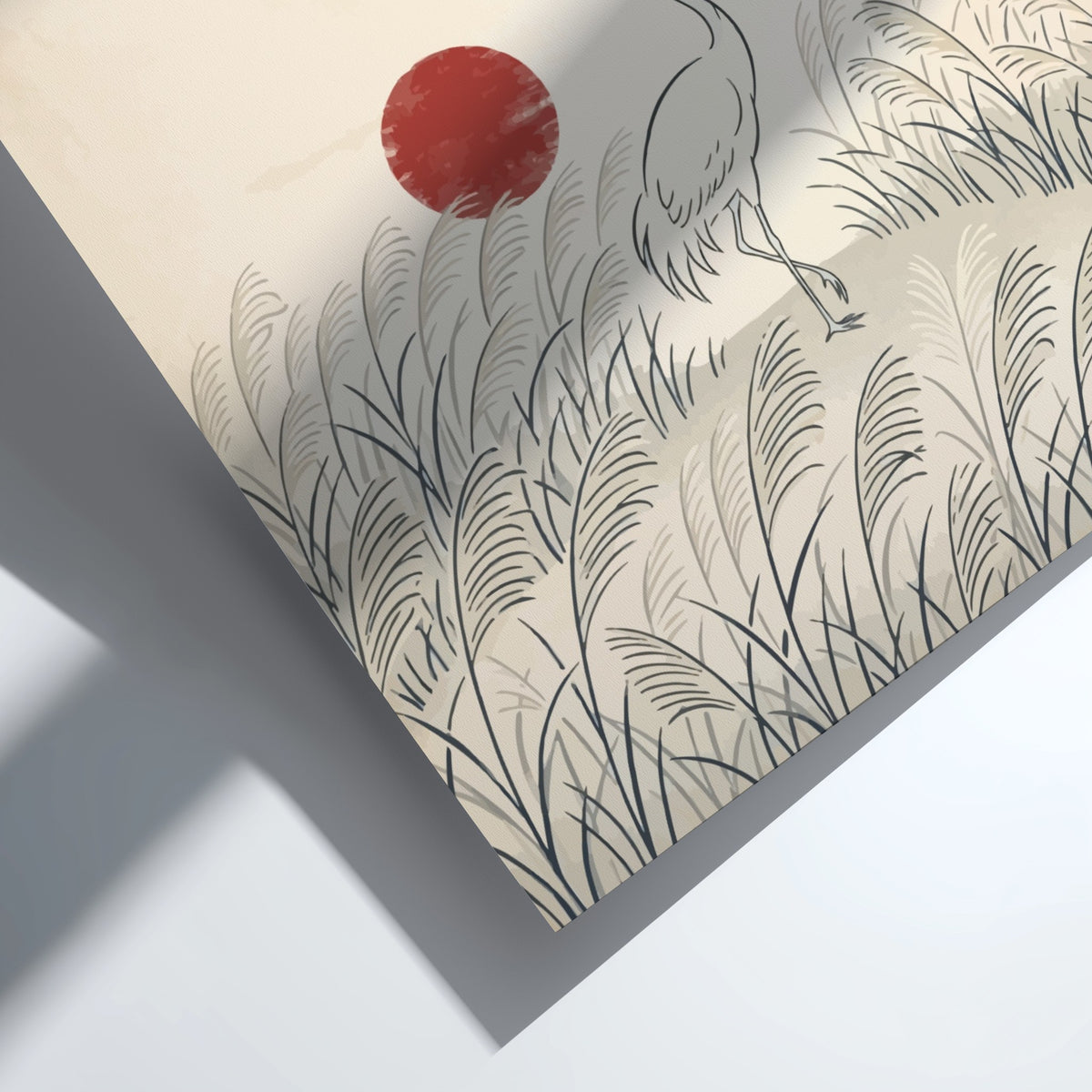 Poster featuring a minimalist white crane standing in tall grass under a red sun.