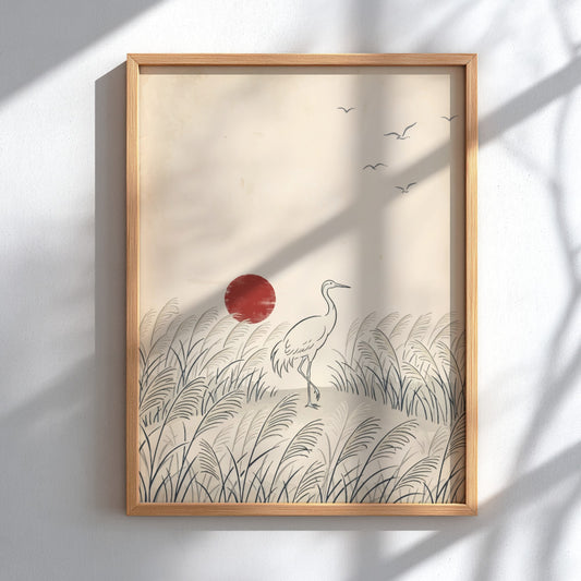 Poster featuring a minimalist white crane standing in tall grass under a red sun.