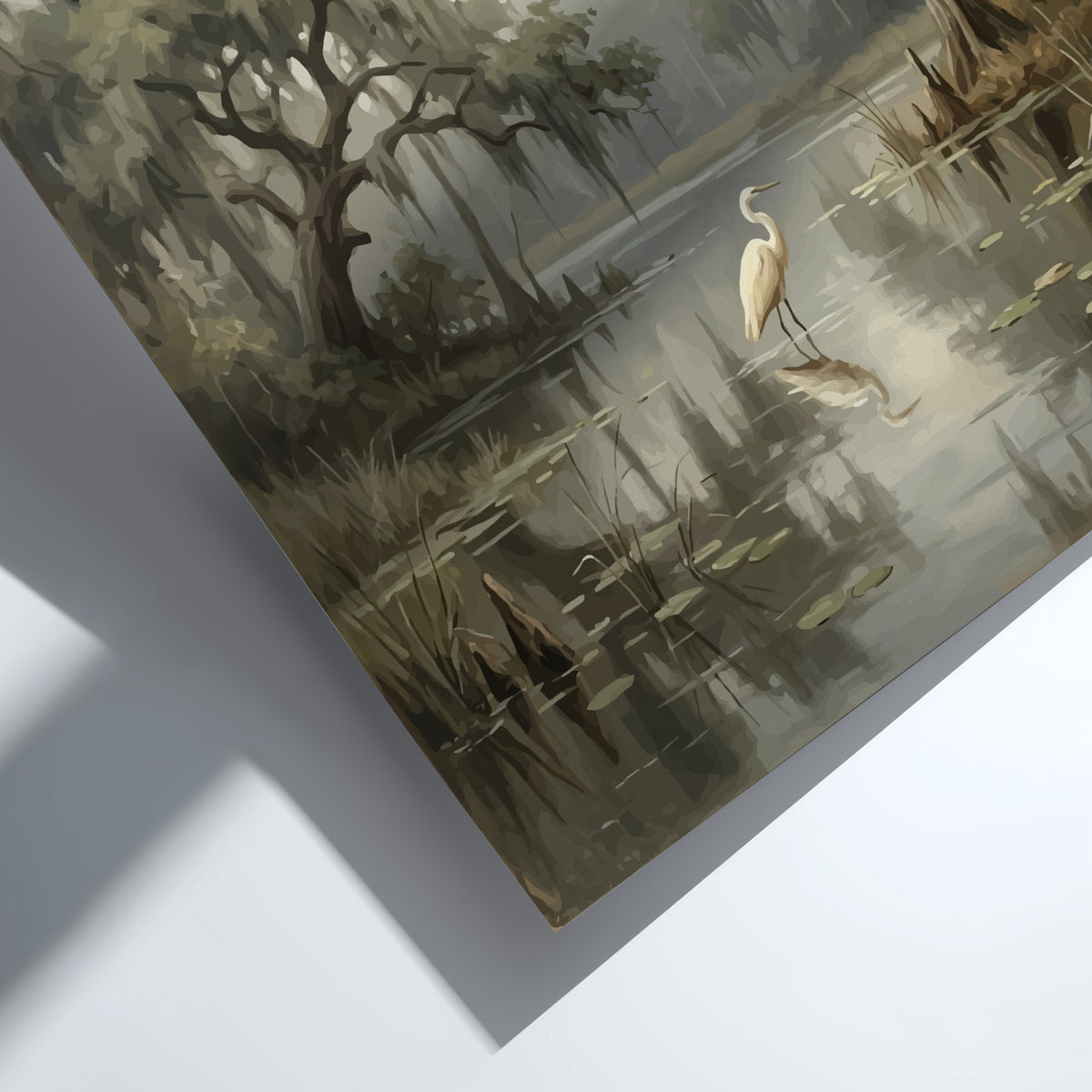 Poster featuring a white egret standing in a misty swamp with hanging moss trees