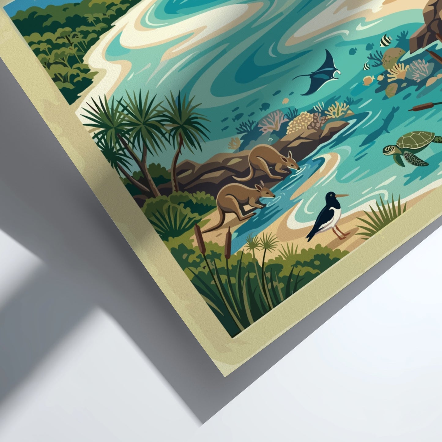 Whitsunday Islands travel poster featuring turquoise waters, kangaroos, sea turtles, and a sailing boat.