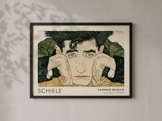 Wall art poster featuring Egon Schiele portrait with Leopold Museum text in wood frame