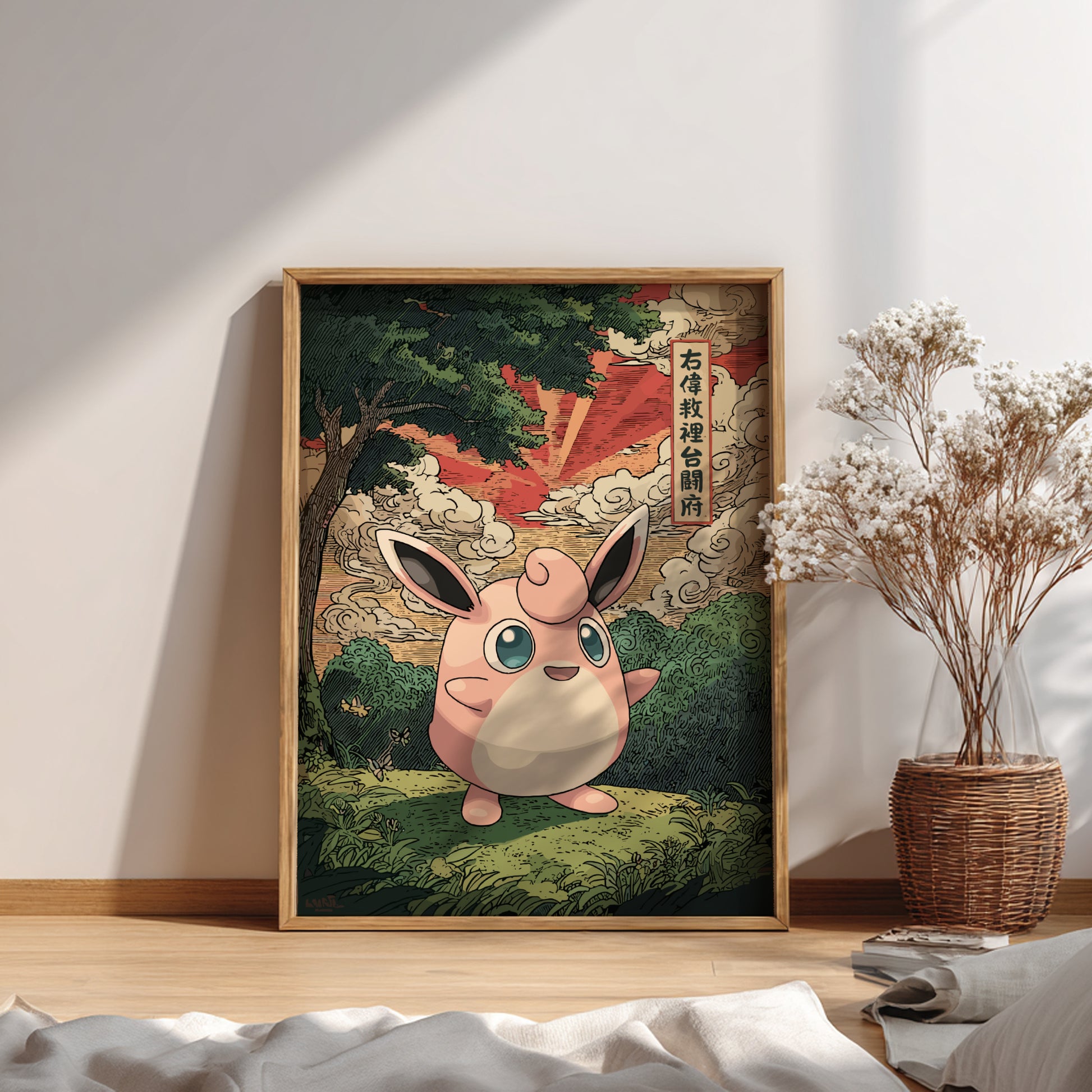 Framed artwork of Wigglytuff Pokemon character in a natural setting on a wall.