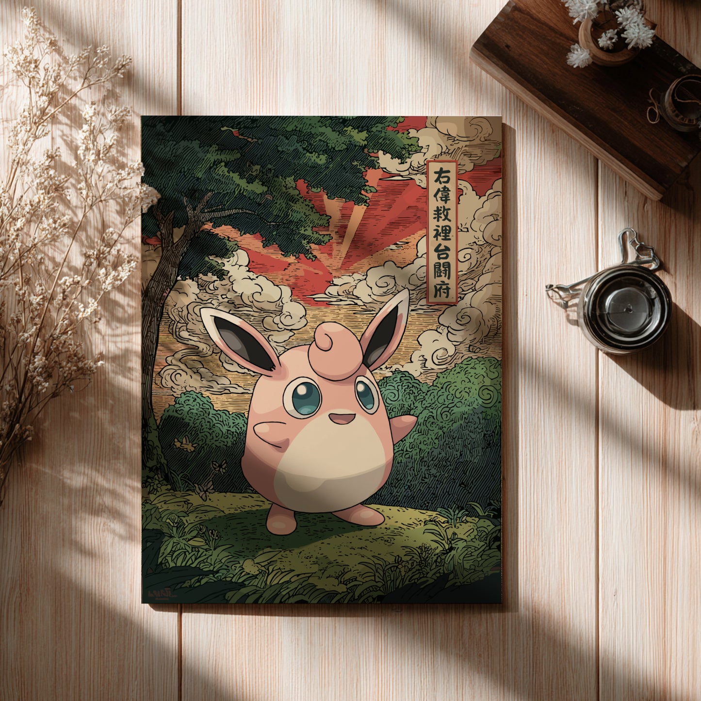 Wigglytuff Pokemon character on a wooden surface with decorative elements
