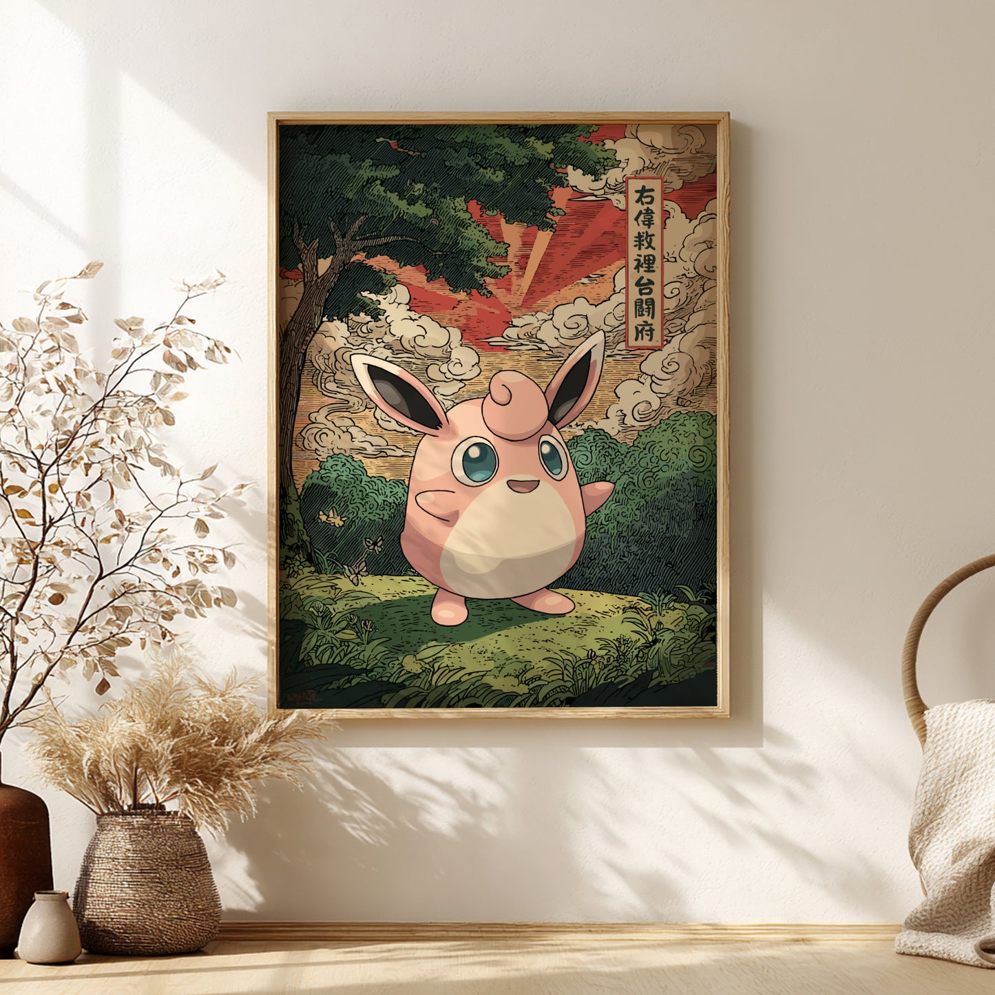 Framed artwork of Wigglytuff Pokemon character in a natural setting on a wall.