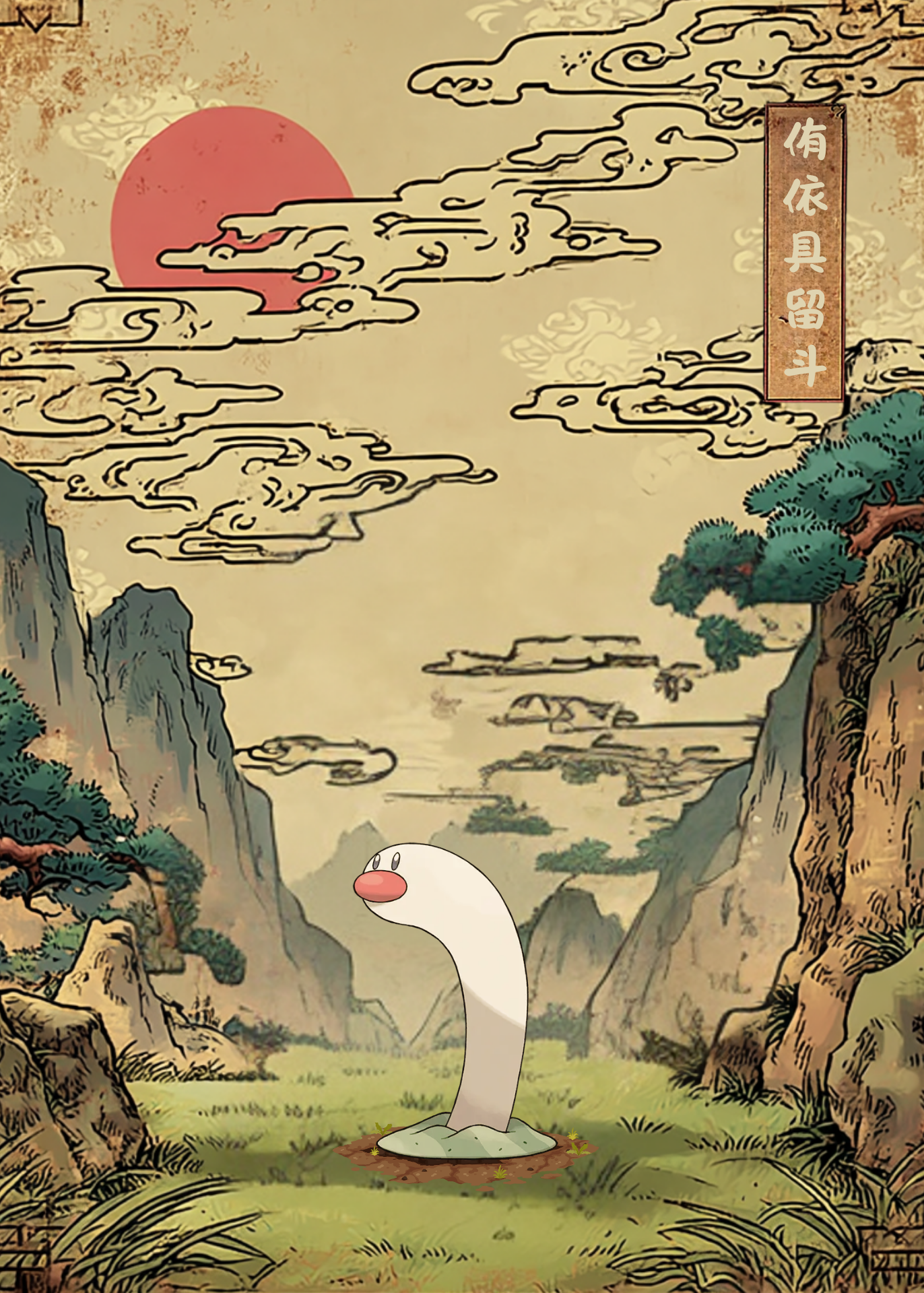 Wiglett Pokemon in a stylized landscape with mountains and a red sun.