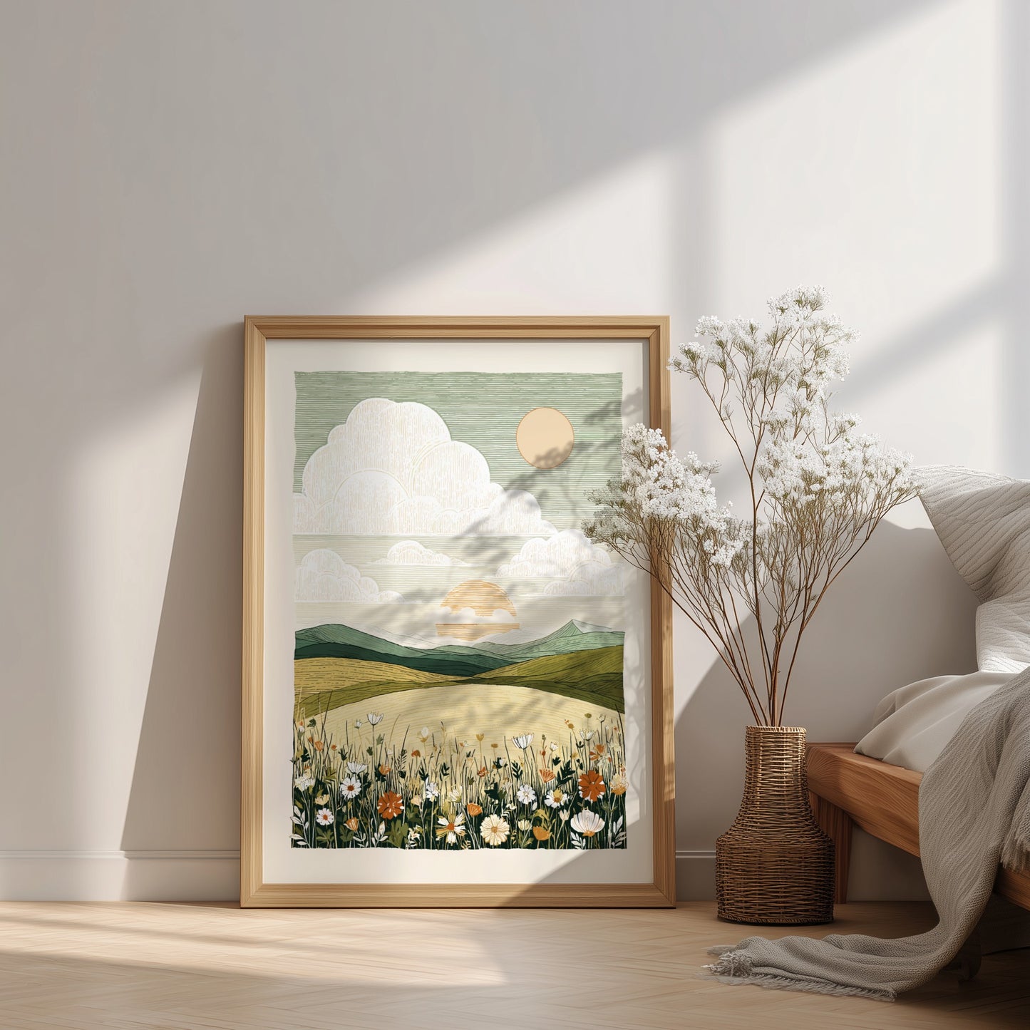 A textured art poster of a wildflower meadow with rolling hills and a soft sunset.