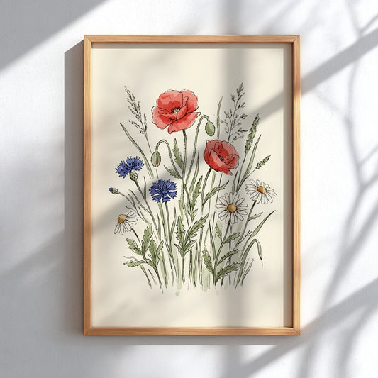 Poster featuring watercolour wildflowers including red poppies, blue cornflowers, and white daisies on cream.