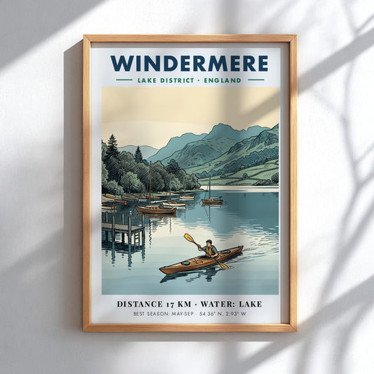 Poster of a kayaker on Windermere lake with sailboats and mountains in the background