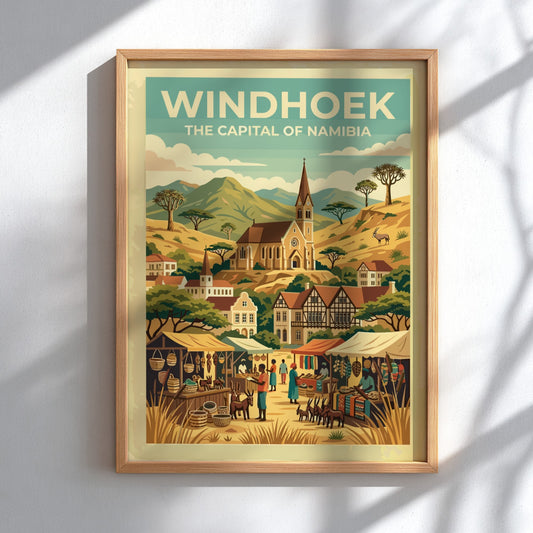 Travel poster of Windhoek Namibia featuring the Christuskirche church amidst desert mountains and markets