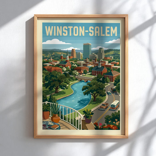 Winston-Salem cityscape illustration poster with buildings, river, and vintage cars, in a retro travel art
