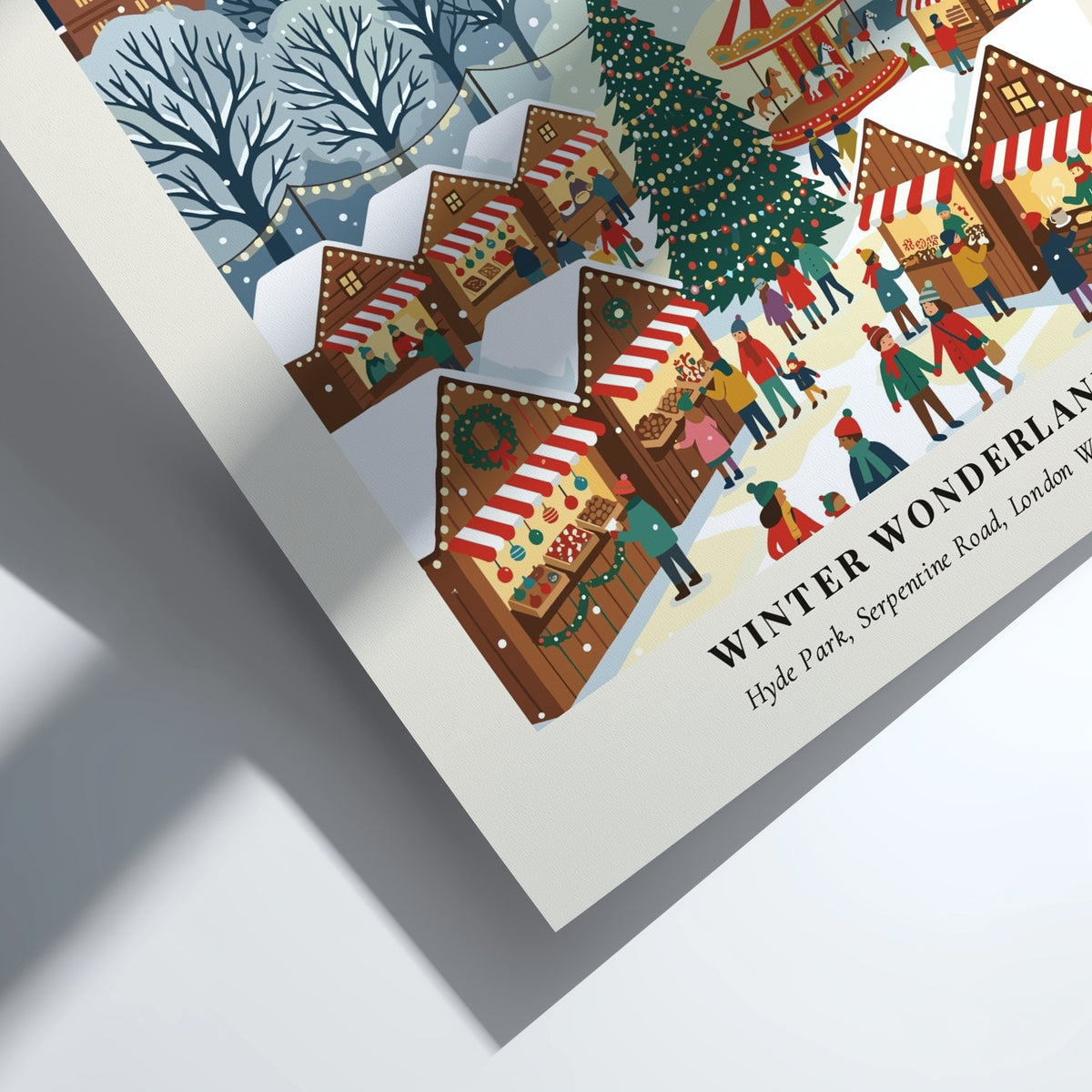 Christmas market poster showing London landmarks and festive stalls in a snowy winter wonderland.