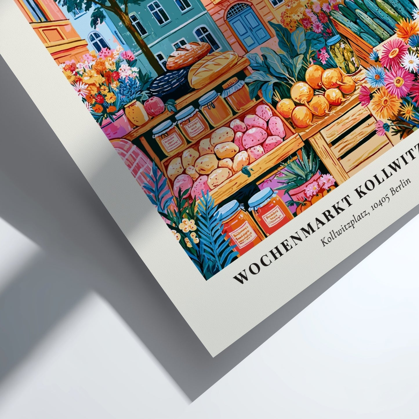 Kollwitzplatz farmers market poster featuring colorful fruits and vegetables with Berlin architecture in the