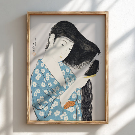 Poster of "Woman Combing Her Hair" by Goyō Hashiguchi, featuring a woman in a blue floral kimono brushing