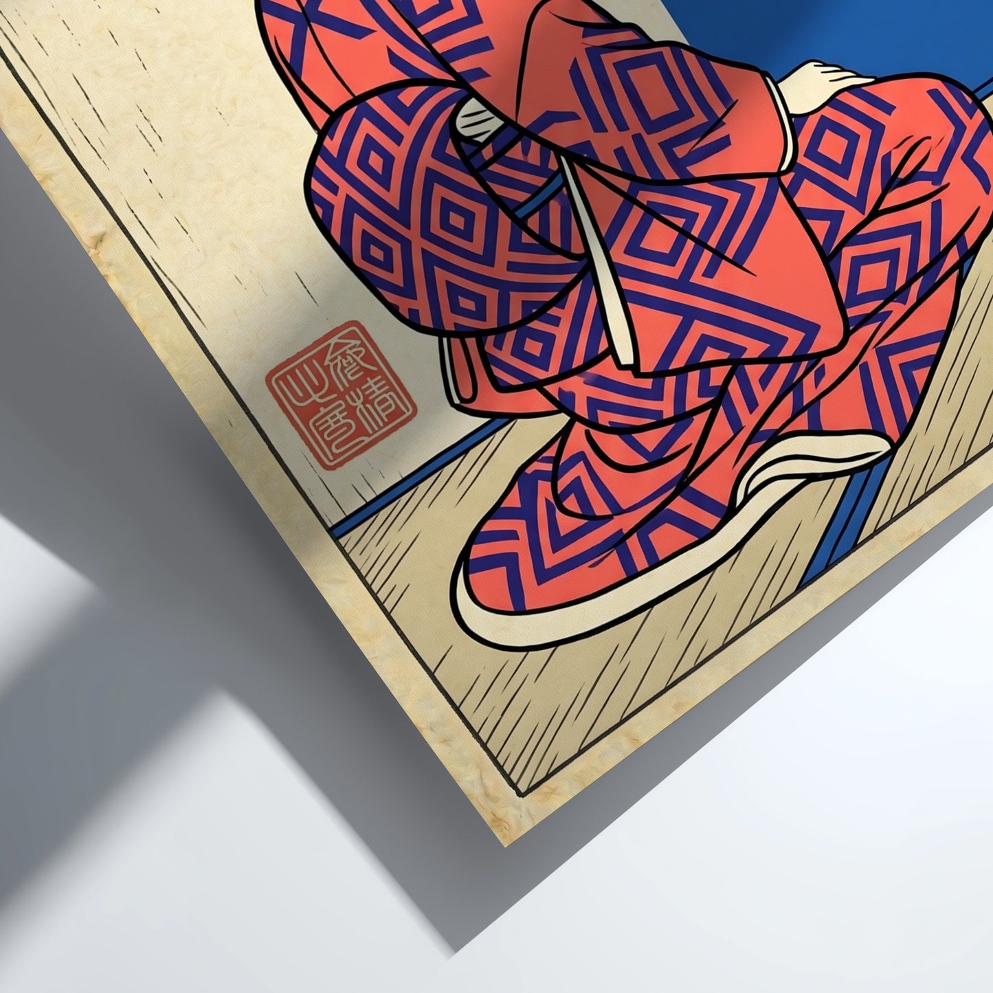 Japanese art style poster featuring a woman in a red kimono with intricate patterns