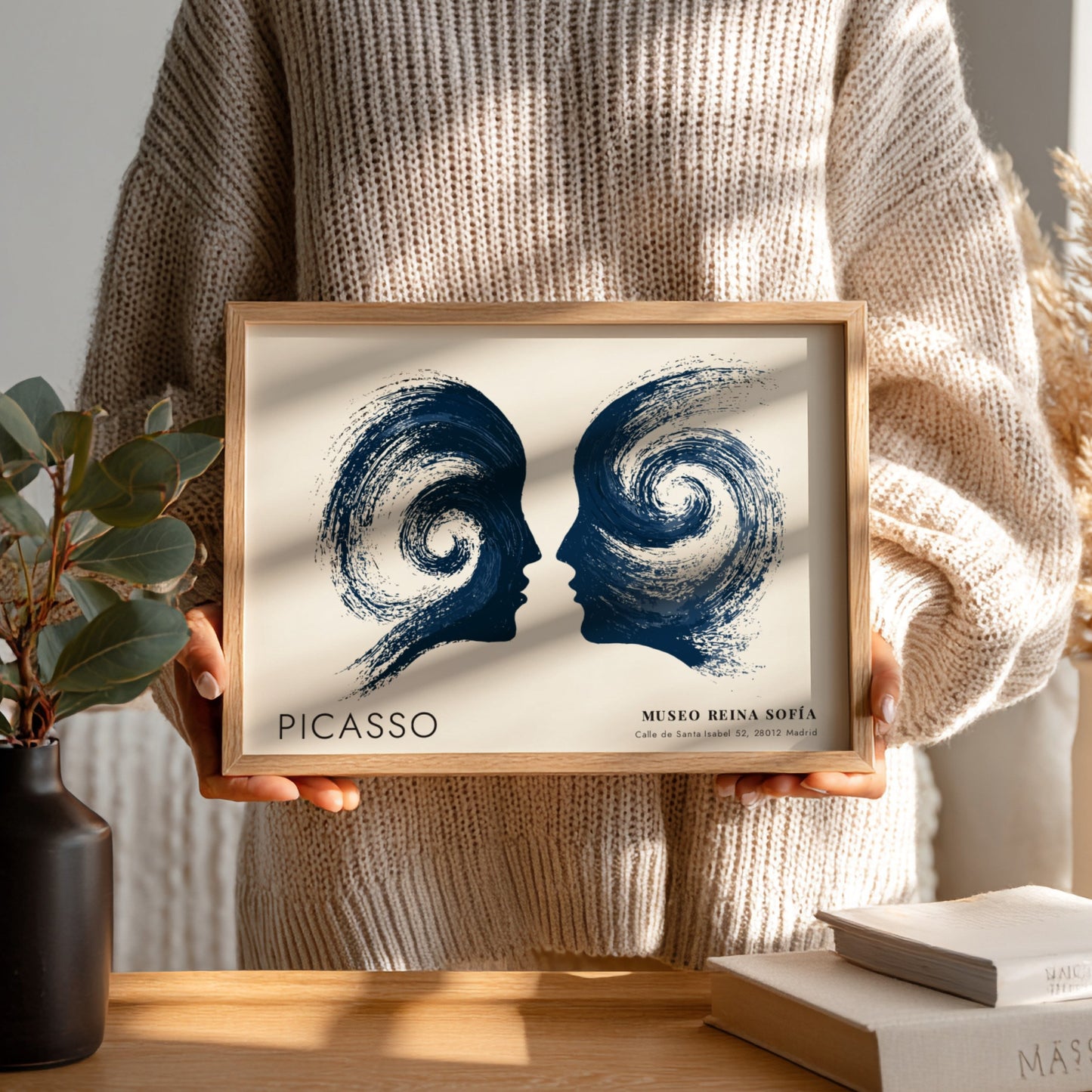 Woman With Flowers poster featuring swirling navy shapes in Picasso style