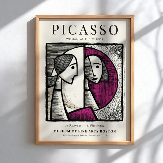 Picasso inspired poster featuring Woman at the Mirror with bold lines and harmonious colors
