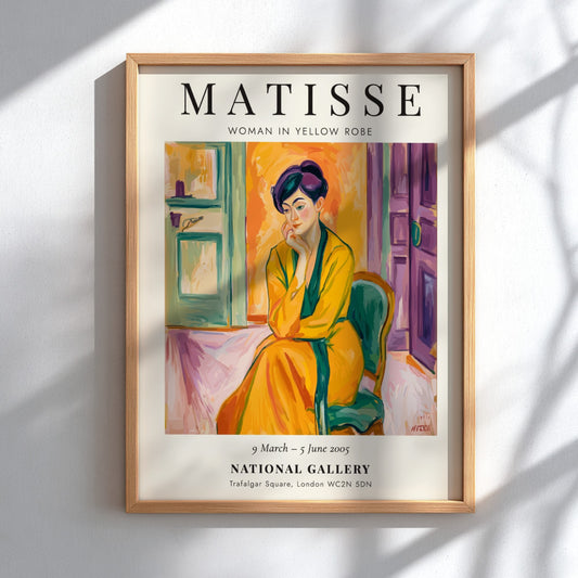Henri Matisse poster featuring Woman in Yellow Robe, vibrant colors and modernist style.