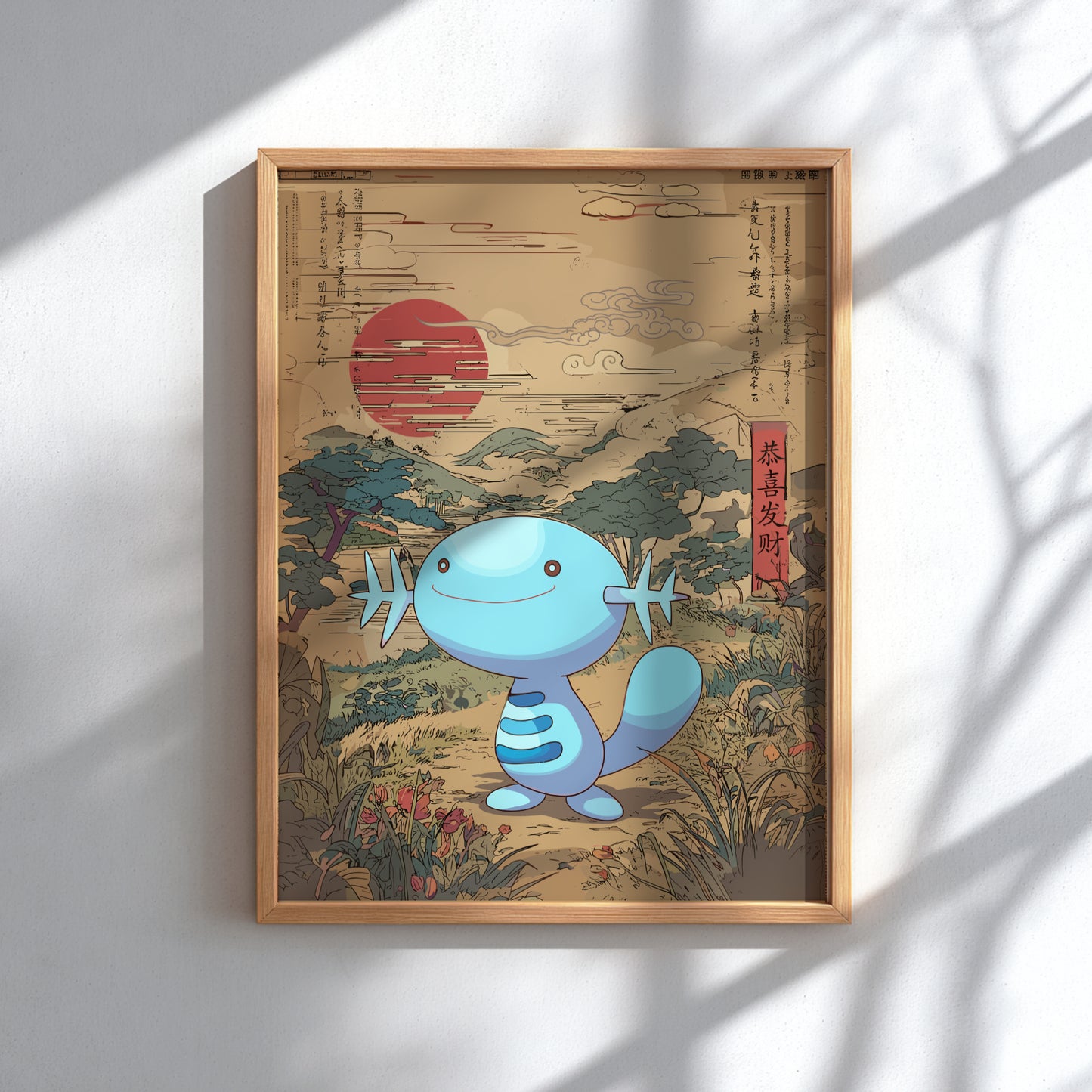 Framed artwork with Wooper Pokemon in a Japanese-style landscape