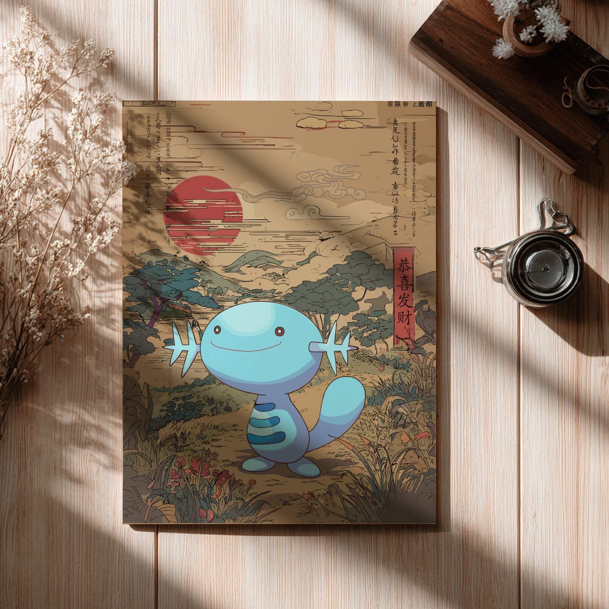 Wooper Pokemon on a traditional Japanese-style background with a red sun and green trees.