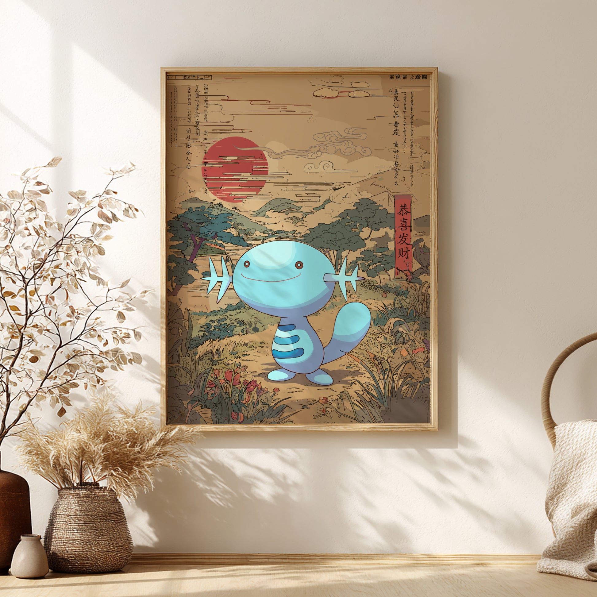 Framed artwork with Wooper Pokemon design on a wall with decorative elements.
