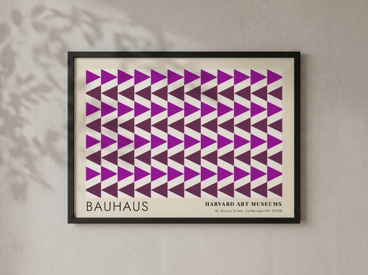 Wall art poster featuring repetitive purple geometric triangles and Bauhaus Harvard Art Museums text.