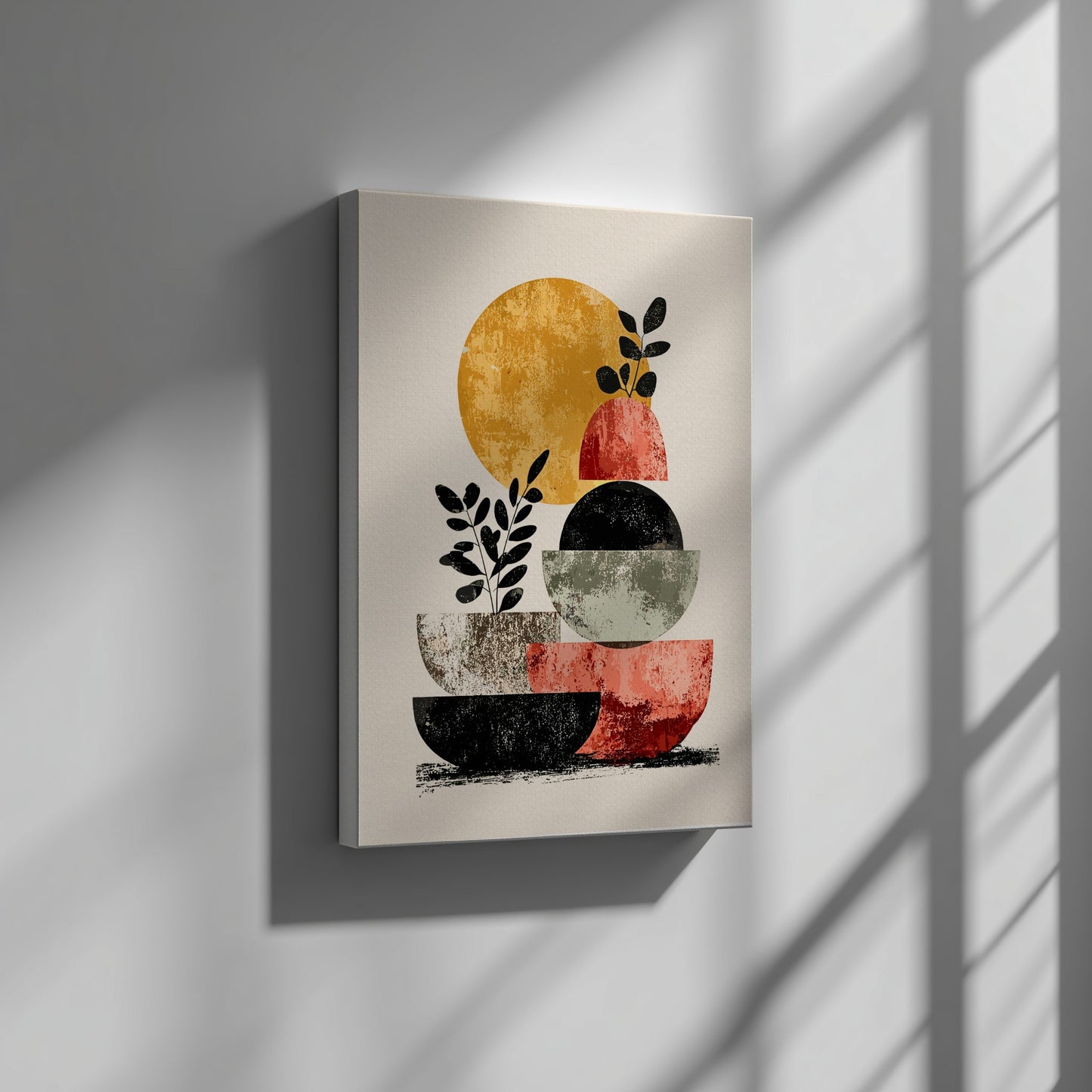 Abstract canvas print with geometric shapes and plants on a neutral background, hanging on a wall.