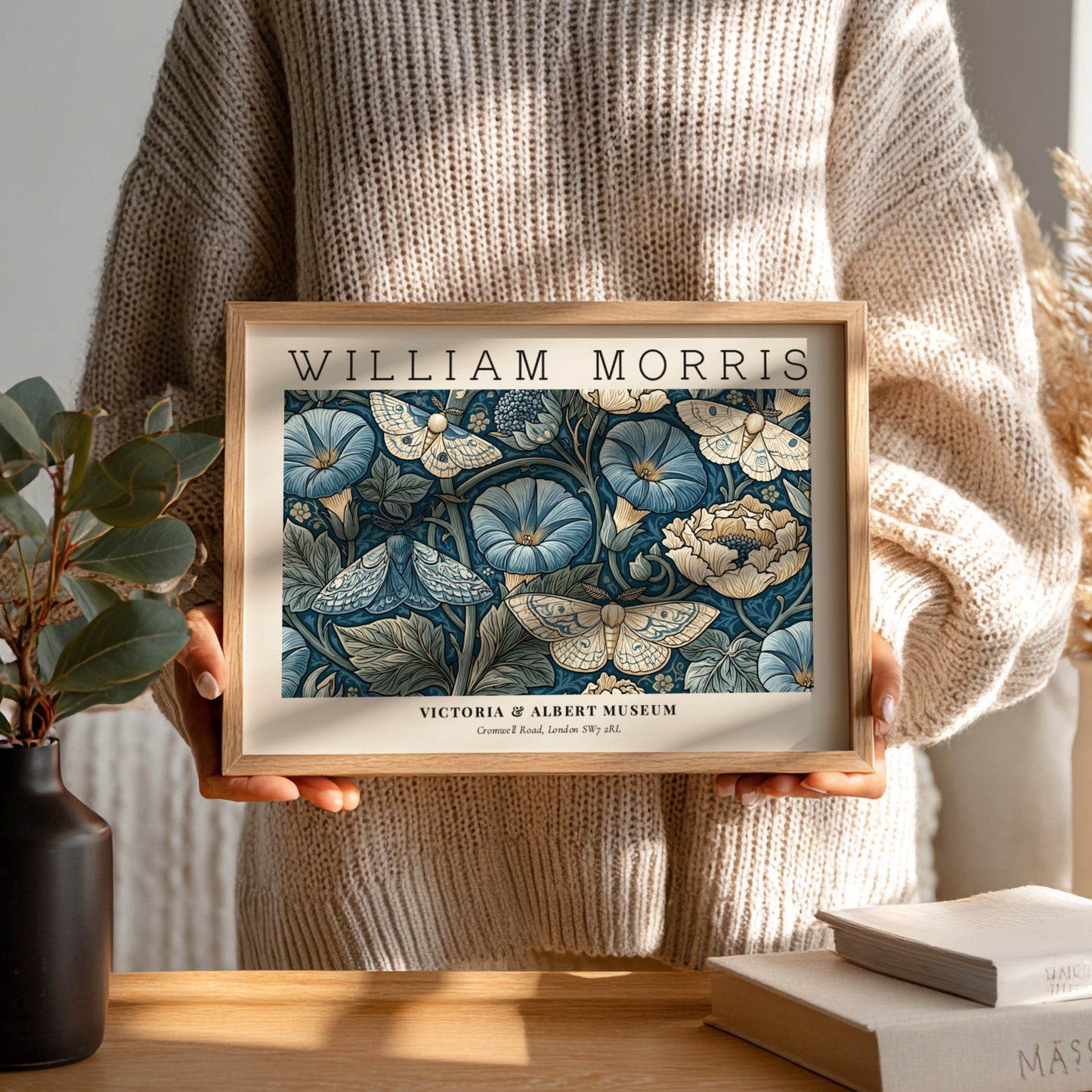 Woven Dreams wall art print featuring floral motifs and moths in rich blue tones