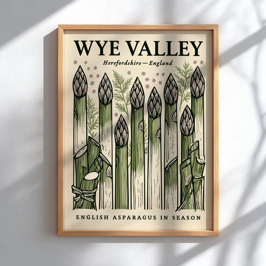 Kitchen poster featuring asparagus in green tones, hand-drawn style, perfect for culinary decor.