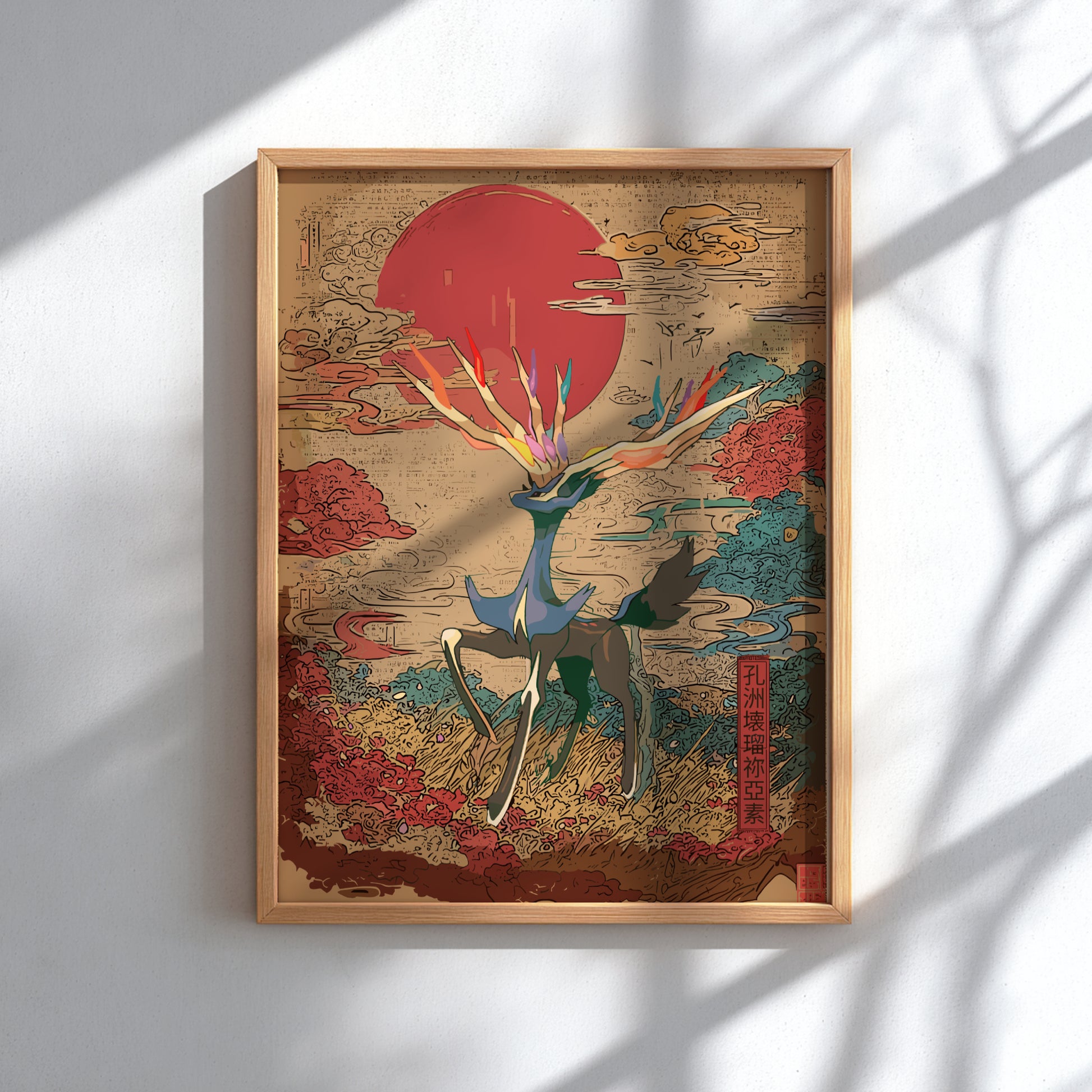 Framed artwork with Xerneas Pokemon and red sun design on a light background