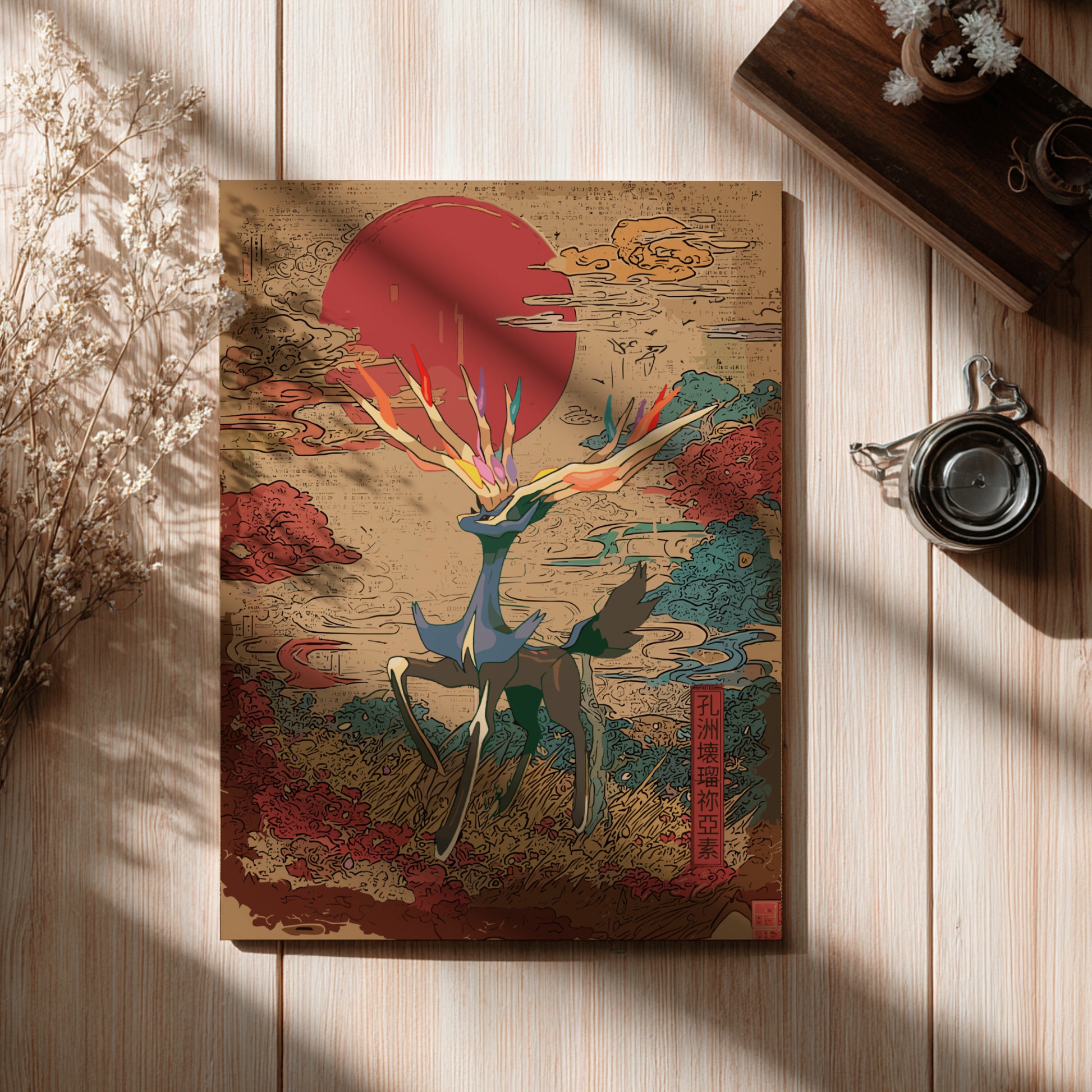 Decorative poster with a colorful Xerneas Pokemon illustration on a wooden surface