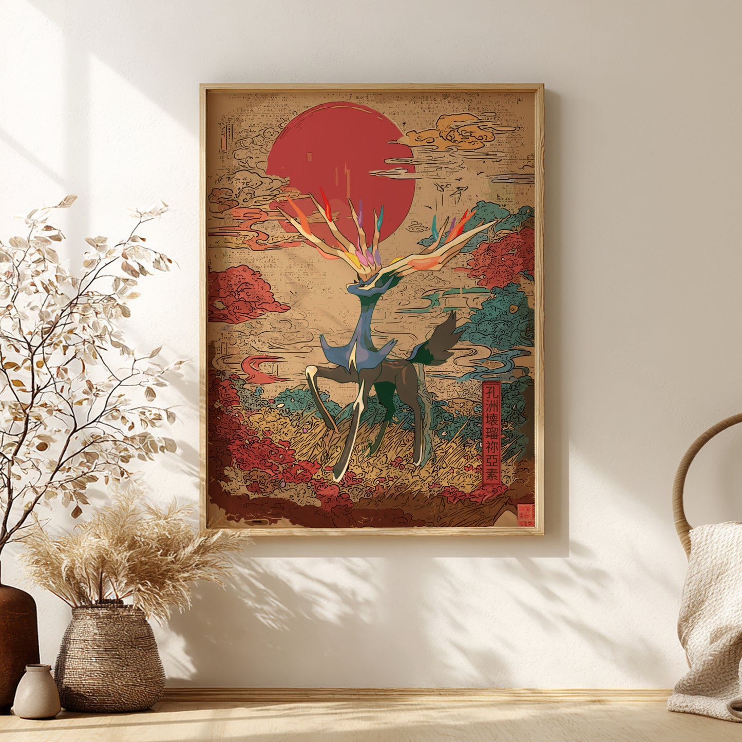 Framed artwork of Xerneas Pokemon with abstract elements on a wall in a room with decor elements.