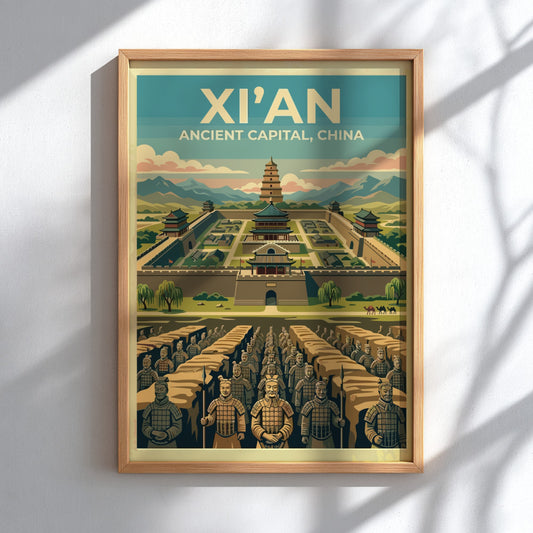 Vintage travel poster featuring Xi'an with the Terracotta Army and mountains, perfect for wall decor.