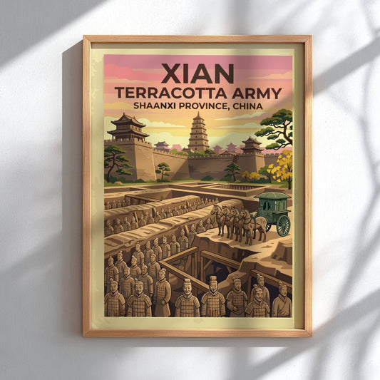 Xian Terracotta Army poster featuring rows of soldiers, a horse-drawn carriage, and pagoda.