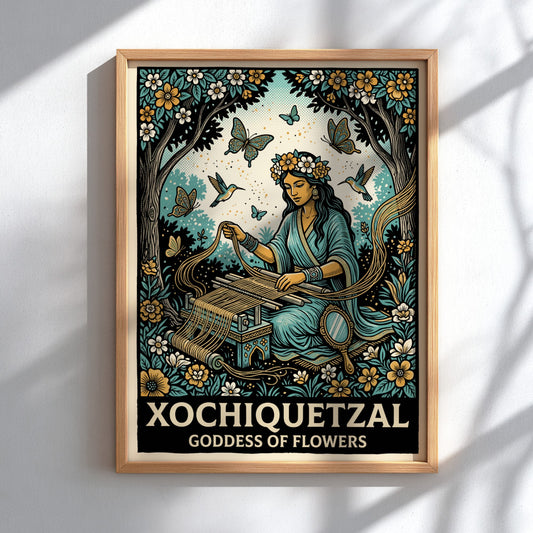 Poster of Xochiquetzal, the Goddess of Flowers, weaving amidst blue and gold florals.