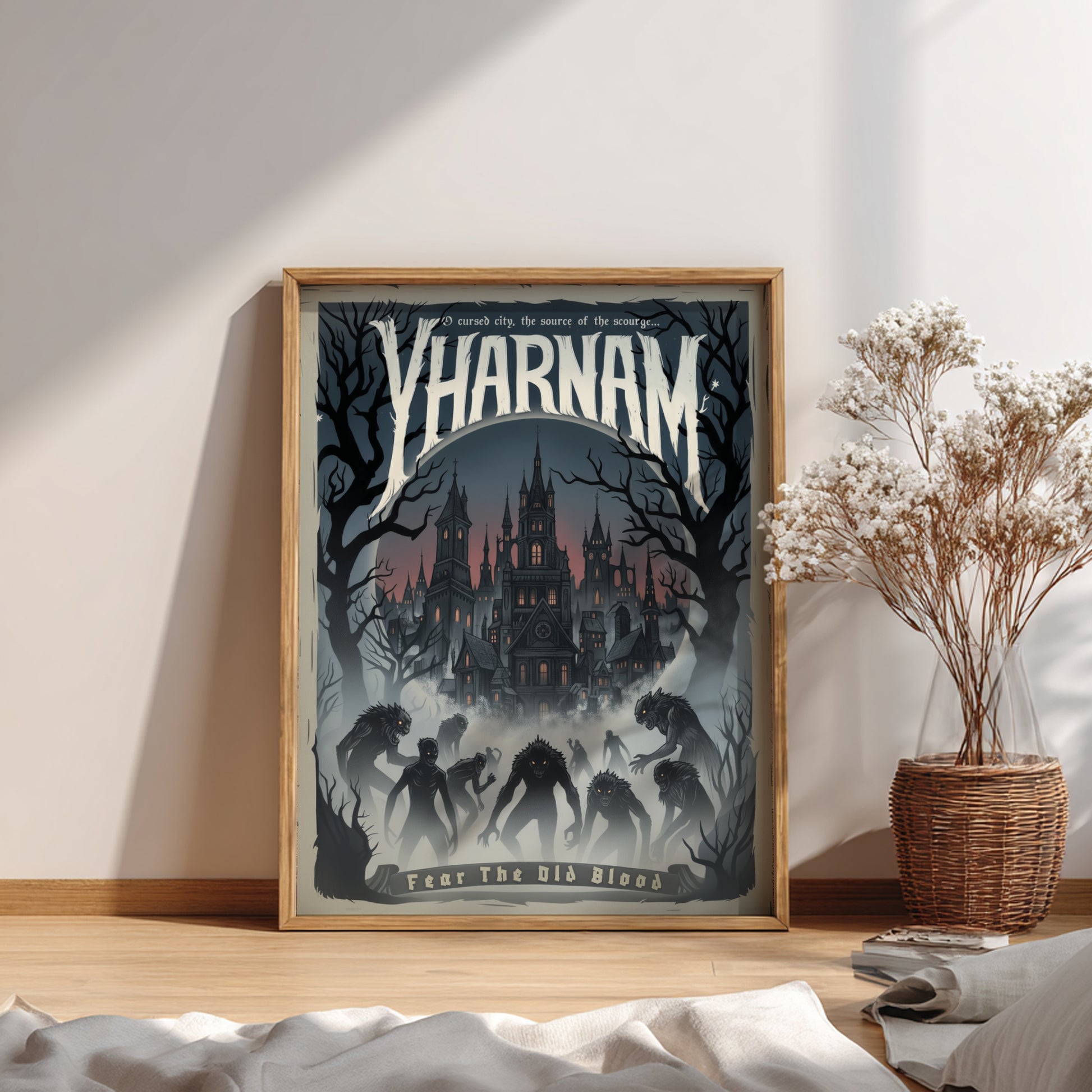 Framed poster with 'Yharnam' design on a wall in a room with a plant and decor.