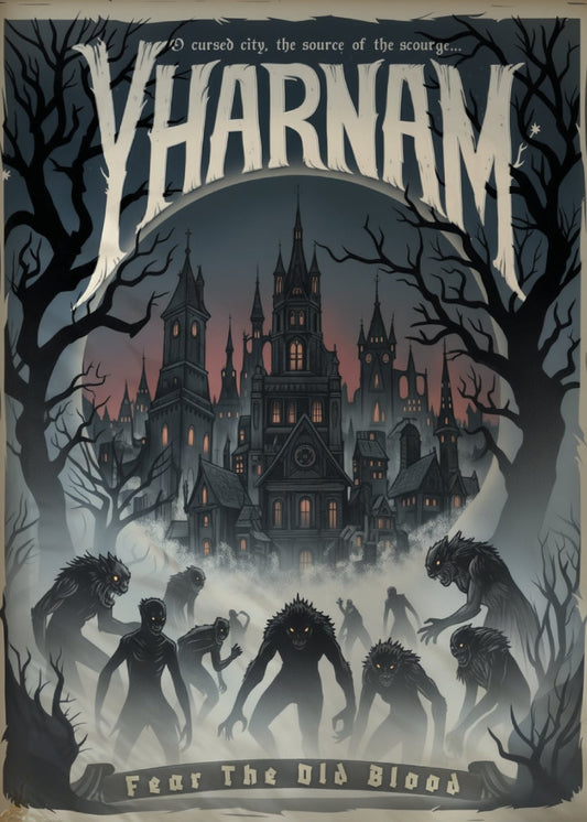 Framed 'Yharnam' poster with a dark fantasy design on a wall.